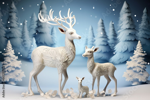 Reindeer Christmas decorative items over winter season background.