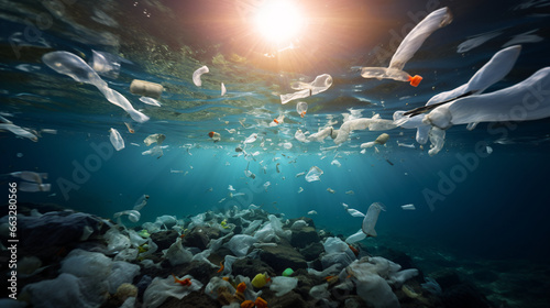 underwater scene with plastics as a global problem photo