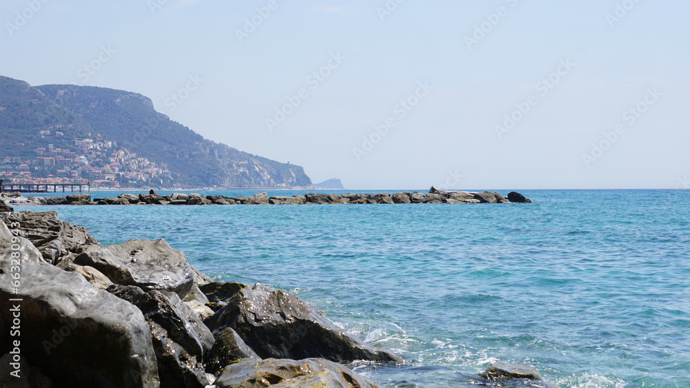 The view from the Rin Tin Beach in Pietra Ligure in Italy, in the month of May