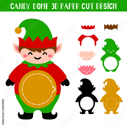 3D Christmas Elf candy dome holder. Santa Claus Helper. Paper cut template. Vector illustration. Cute holiday symbol. Winter decoration. 3D layered Christmas ornament for sweets.