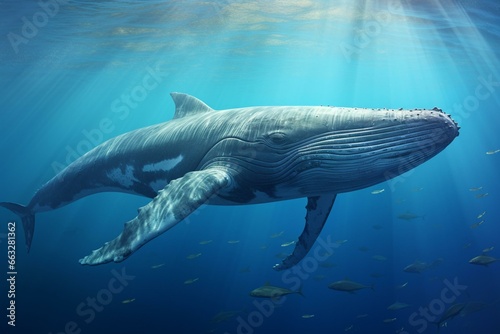 Detailed view of enormous blue whale swimming gracefully in the ocean. Generative AI © Christopher