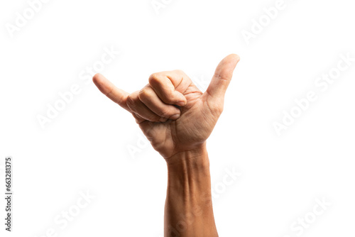 Black male hand doing surf gesture with hand isolated no background cutout photo