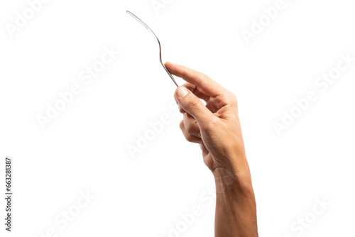 black male hand holding a silver fork no background cutout 