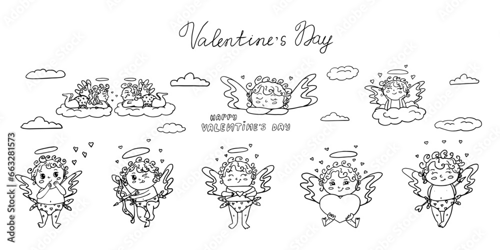 Cute set of cupids with hearts and love letter, cupid's arrow, love envelope. Cartoon cupids on the clouds. Great for Valentine's Day cards, posters, packaging and design. Outline vector illustration.