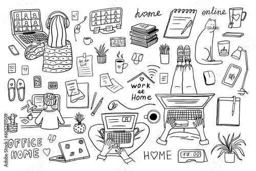 Home office, freelance work, teaching or studying at home. Freelancers working online on laptops, tablets in a cozy atmosphere with books, plants. Self-employed woman work in comfortable conditions.