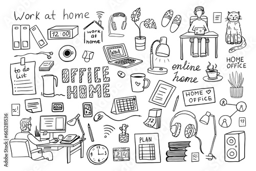 Home office, freelance work, teaching or studying at home. Freelancers working online on laptops, tablets in a cozy atmosphere with books, plants. Self-employed man work in comfortable conditions