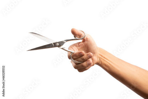 Bild auf Leinwand Black male hand holding scissors isolated no background cut out