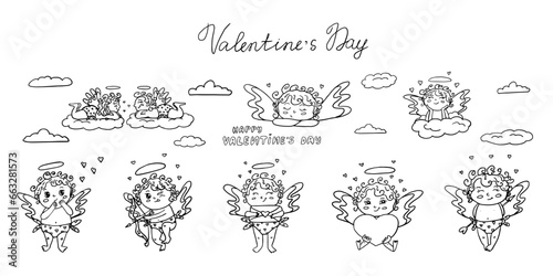 Cute set of cupids with hearts and love letter, cupid's arrow, love envelope. Cartoon cupids on the clouds. Great for Valentine's Day cards, posters, packaging and design. Outline vector illustration.