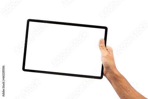 Black male hand holding black tablet, isolated cutout