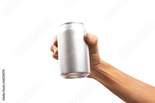 Black male hand holding aluminum can no background cutout