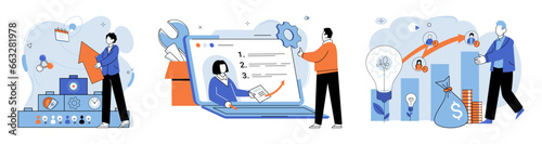 Business development. Vector illustration. Effective management empowers and motivates employees Choosing right profession involves self-reflection and research Job applications require attention