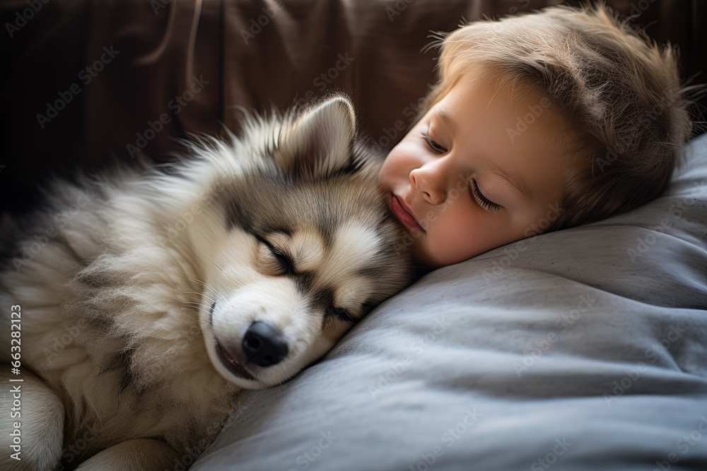 Fototapeta premium little boy sleeping with his fluffy dog