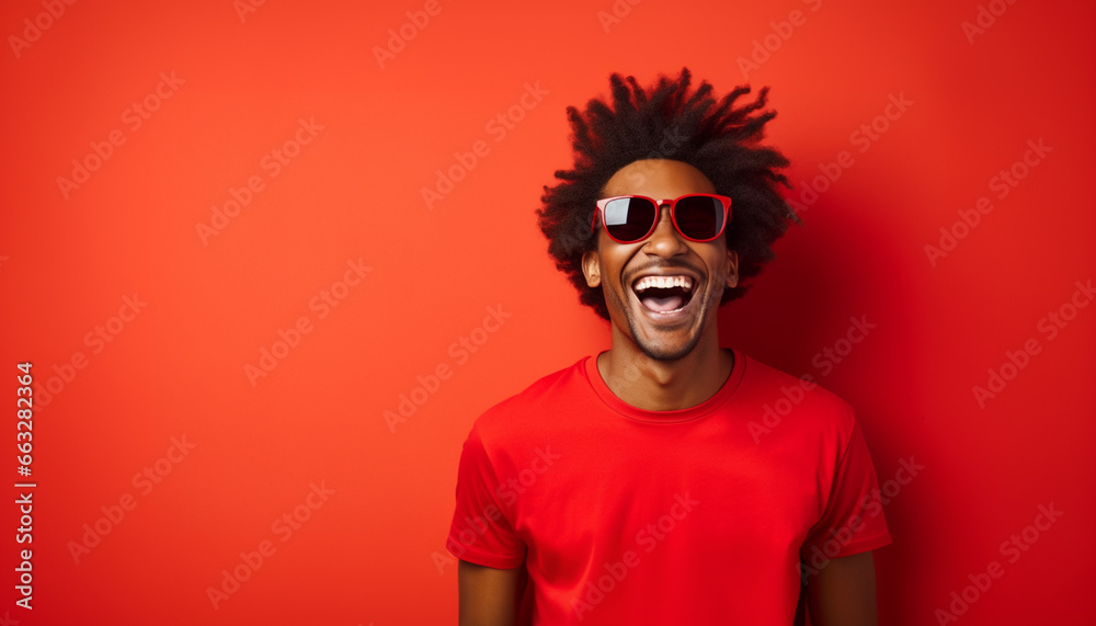 portrait of a happy smiling mixed race young man in sunglasses and red t-shirt on red solid background with copy space