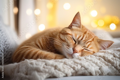 Cute domestic ginger cat sleeps calm and sweetly on knitted blanket in comfort with bokeh background © Маргарита Вайс