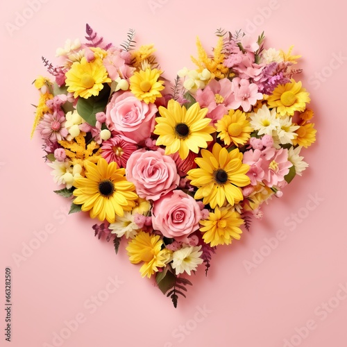Heart symbol made of flowers and leaves on pink background. Valentines day, wedding, anniversary celebration or romantic visual trend. Present for Woman day. Creative love concept with copy space