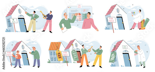 Buying and choosing housing. Vector illustration The house became cozy home for family The property had spacious backyard The real estate agent helped secure mortgage for purchase The apartment