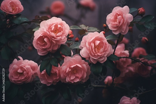 Beautiful rose bush on dark background. Moody flowers. Cursed, magic flower. Rosa Damascena or Damask rose. Romantic luxury background. Elegant love and passion concept