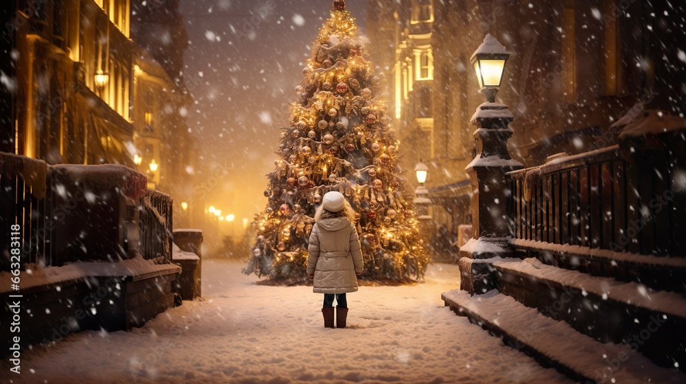 Enchanted snowy evening: Little child alone, watching the illuminated Christmas tree in a town square
