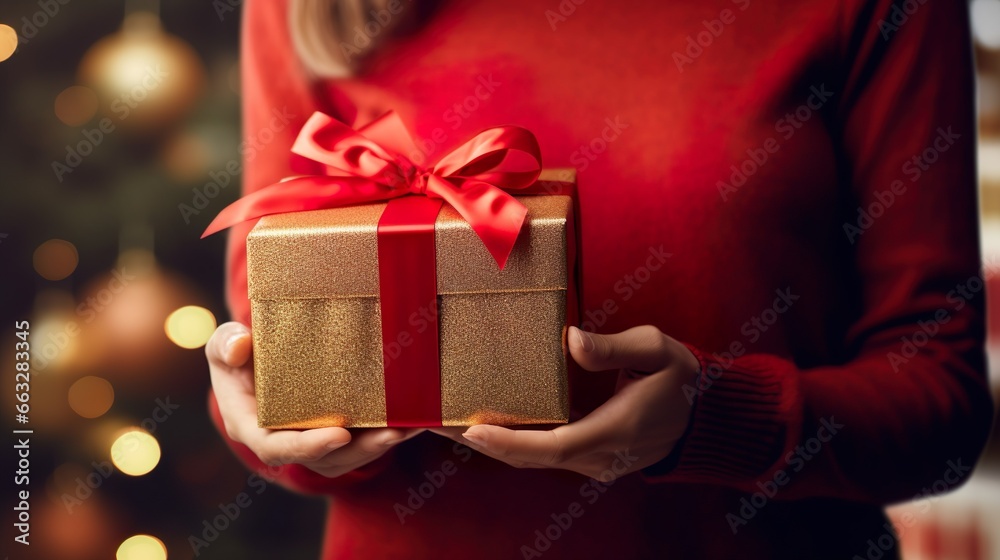 Person holding a gift, Christmas surprise, Close-up of woman holding festive gift with red ribbon Person holding a gift, Christmas surprise, Close-up of woman holding festive gift with red ribbon