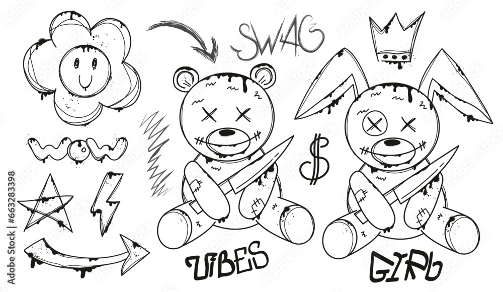 Set of graffiti spray art. Collection of bear and rabbit in urban style. Crown and slogan, arrow on isolated background.