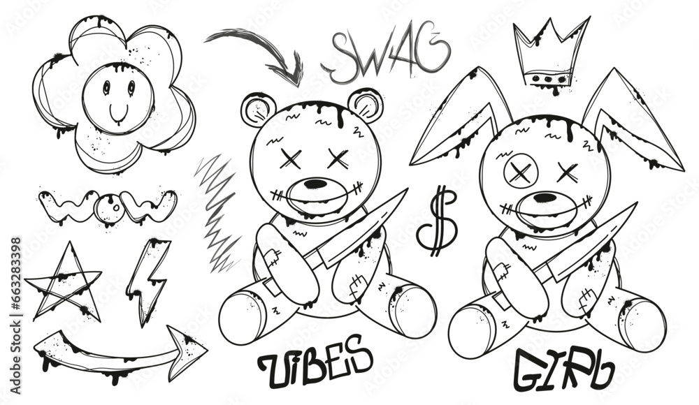 Set of graffiti spray art. Collection of bear and rabbit in urban style. Crown and slogan, arrow on isolated background. Set of graffiti spray art. Collection of bear and rabbit in urban style. Crown and slogan, arrow on isolated background.