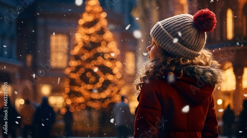 Child admiring festive Christmas tree in snowy city square on an magical winter evening