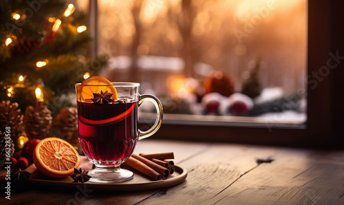 A glass of festive spiced mulled wine against a winter background scene