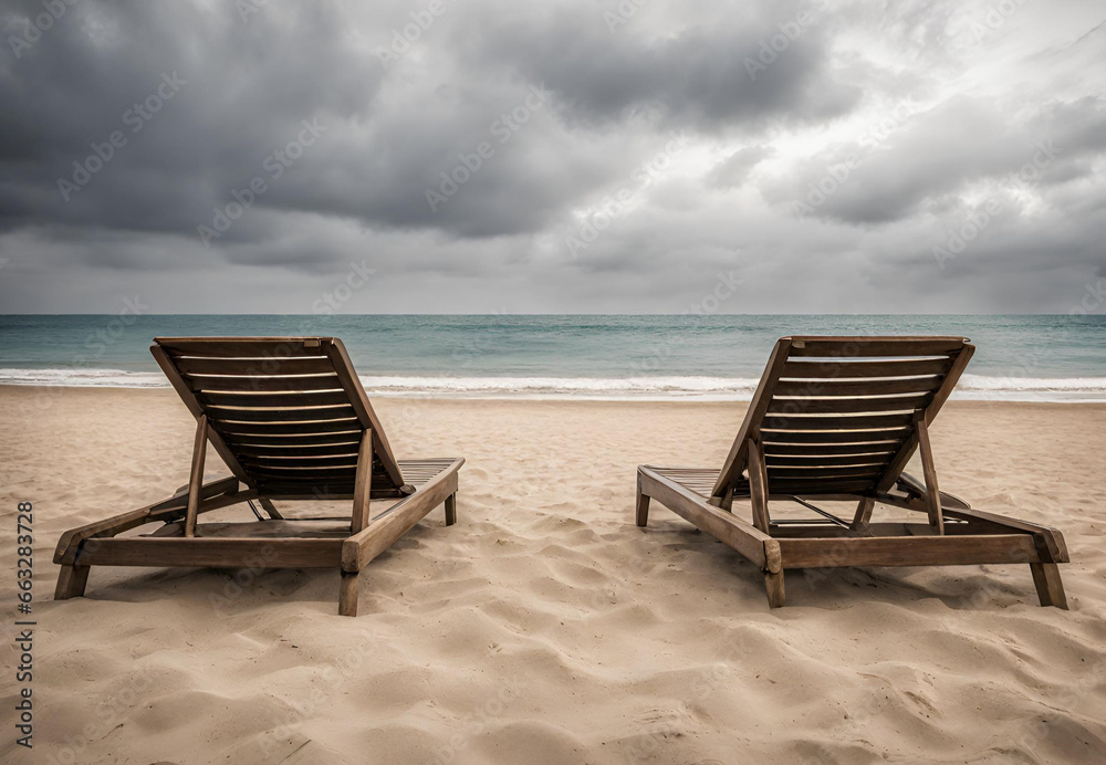 Beach Relaxation, 
Coastal Lounge Chairs Scene, 
Seaside Vacation Retreat, 
Relaxing Beachfront Getaway