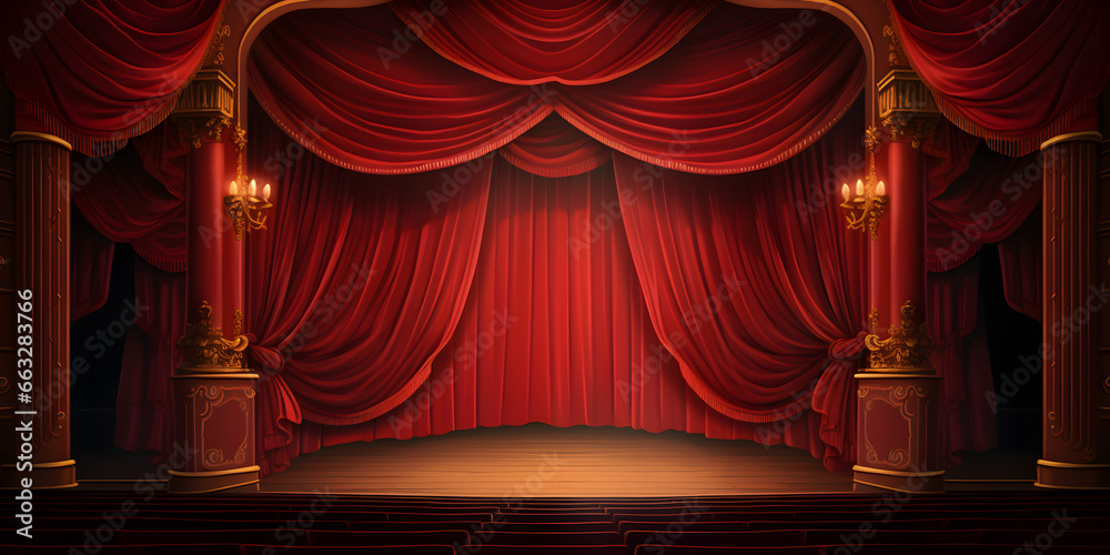 Theatre Background, Theater stage with red curtains columns and a spotlight in center, classic maroon curtains with light descended onto the center of the stage. Generative Ai - obrazy, fototapety, plakaty 
