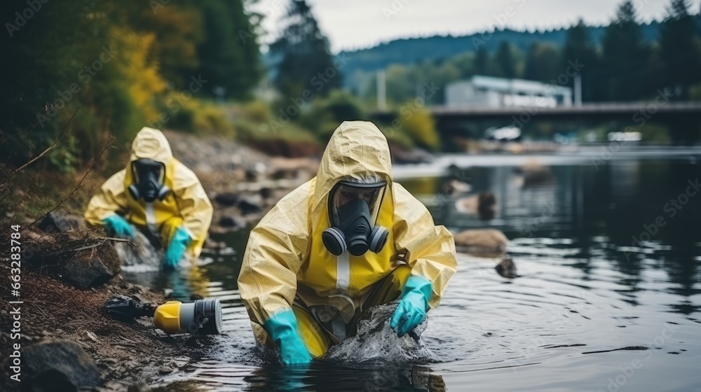 scientist researcher in protective suit takes water for analysis from polluted river scientist researcher in protective suit takes water for analysis from polluted river