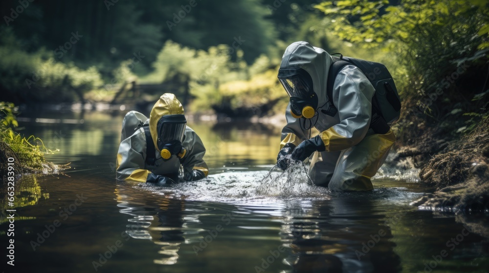 scientist researcher in protective suit takes water for analysis from polluted river scientist researcher in protective suit takes water for analysis from polluted river