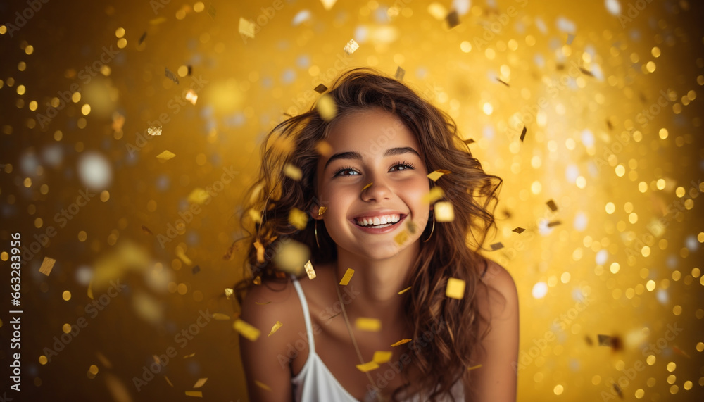 happy smiling portrait of a girl on yellow background, celebration with golden confetti