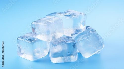 Transparent ice cubes isolated on a light blue background. AI generated image