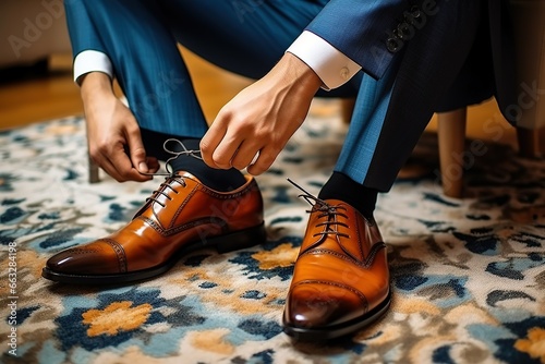 a man is tying brown leather shoelaces photo