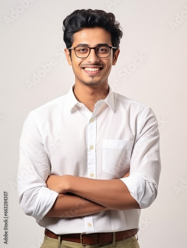 Young indian man in white formal shirt giving happy expression