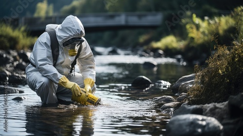 scientist researcher in protective suit takes water for analysis from polluted river photo