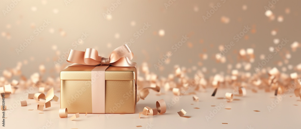 gold gift box with ribbon and bow on beige background with empty copy space gold gift box with ribbon and bow on beige background with empty copy space
