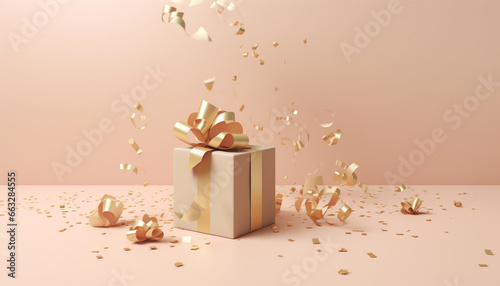 golden pink gift box with ribbon and bow on beige background with empty copy space