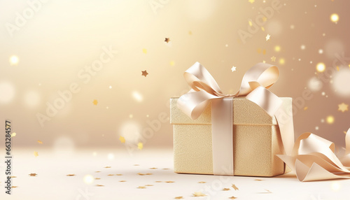 gold gift box with ribbon and bow on beige background with empty copy space