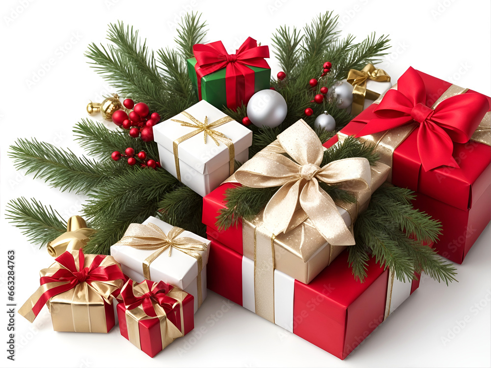 Regalos de navidad junto a ramas de pino verde y acebos sobre un fondo blanco.Vista superior y de cerca. IA Generativa Regalos de navidad junto a ramas de pino verde y acebos sobre un fondo blanco.Vista superior y de cerca. IA Generativa