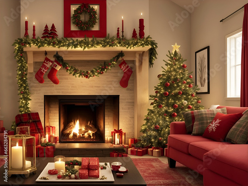 Un árbol de navidad con luces y regalos junto a una chimenea encendida. Vista de frente y de cerca. IA Generativa
