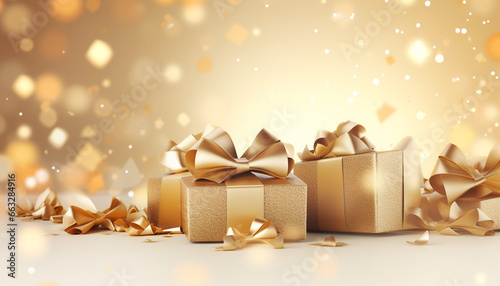 gold gift box with ribbon and bow on beige background with empty copy space © RJ.RJ. Wave