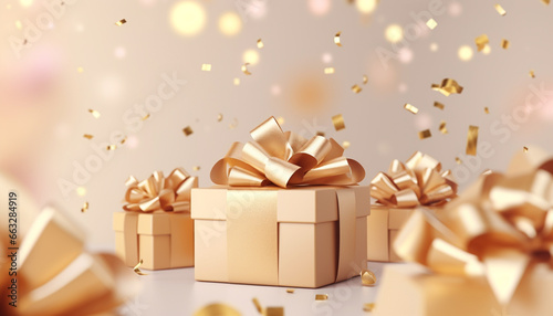gold gift box with ribbon and bow on beige background with empty copy space © RJ.RJ. Wave
