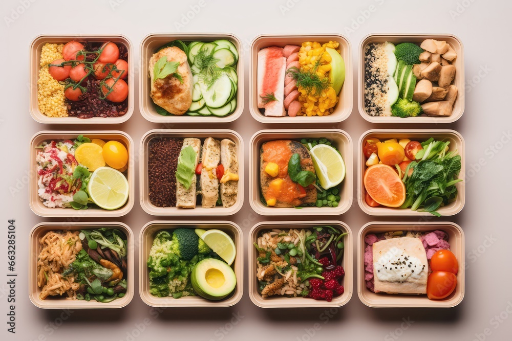 Highlighting The Food Delivery Concept With Images Of Healthy Lunches In Boxes Highlighting The Food Delivery Concept With Images Of Healthy Lunches In Boxes