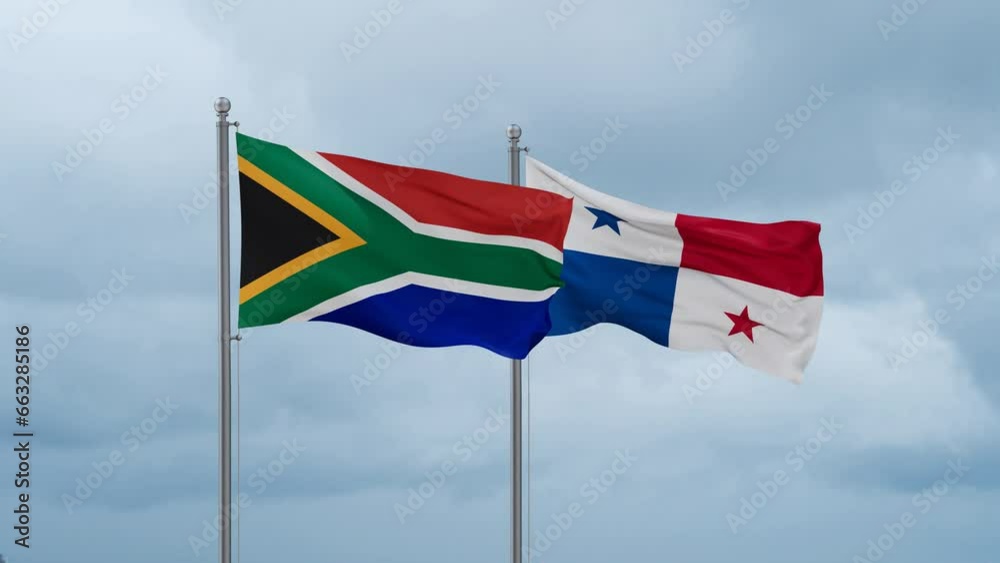 Panama flag and South Africa flag waving together on cloudy sky, endless seamless loop, two country relations concept Panama flag and South Africa flag waving together on cloudy sky, endless seamless loop, two country relations concept