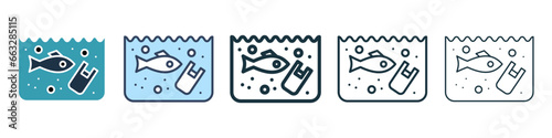 Ocean pollution sign icon set. Marine water plastic bottle pollution vector icon for ui designs.