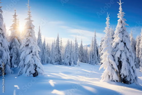 Majestic White Spruces Illuminated By Sunlight In Stunning Winter Landscape Scene
