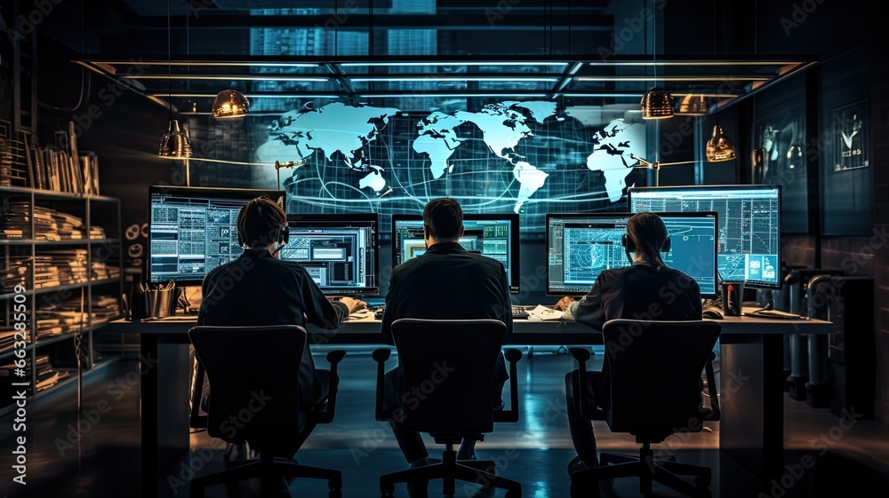 An image of cybersecurity professionals monitoring network security and defending against cyber threats, illustrating the importance of protecting digital assets - obrazy, fototapety, plakaty 