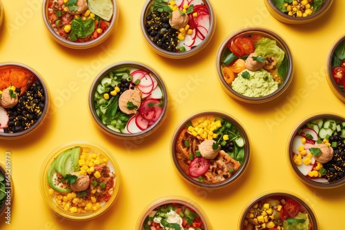Numerous Containers Filled With Delicious Food On Colorful Background. Сoncept Food Photography, Container Cuisine, Colorful Culinary, Delicious Delights, Mouthwatering Meals