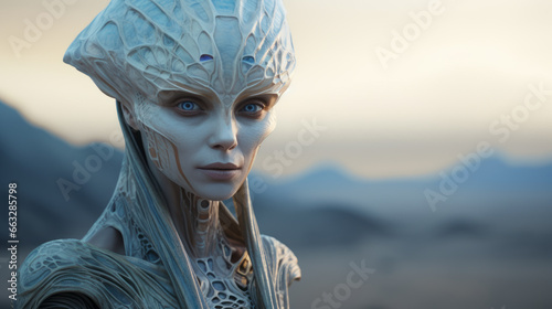 Extraterrestrial alien Queen in a foggy planet.